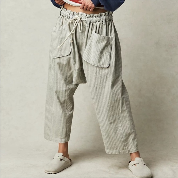 Free People Runyon Oversized Stripe Pants Paperbag Tie Waist NWOT Sky - Picture 1 of 11